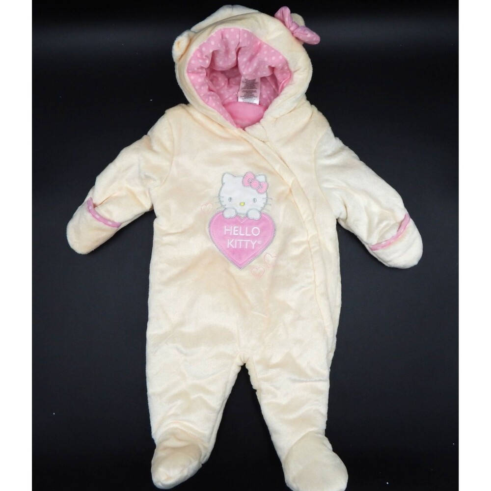 Hello Kitty Baby Bunting Plush Cream Pink 0-3 Months Zip Front Polka Dot Bow